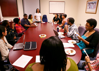 A group sits around a table